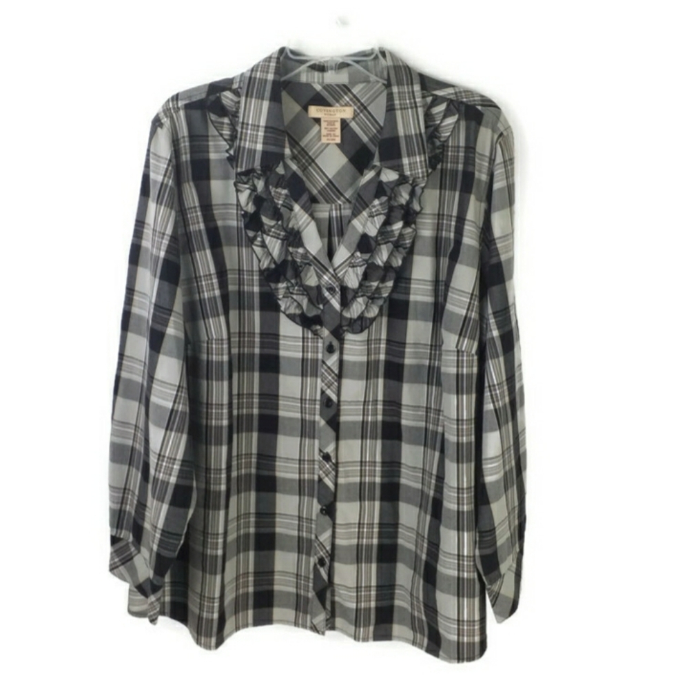 Covington Black Plaid Button Front Long Sleeve Ruffled Neck Blouse Womens 24/26W